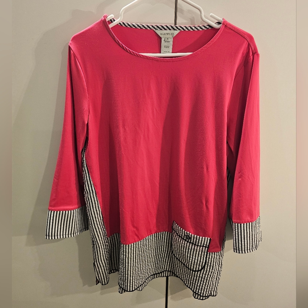 Multiples Womans Medium Pink/Black Striped Top
